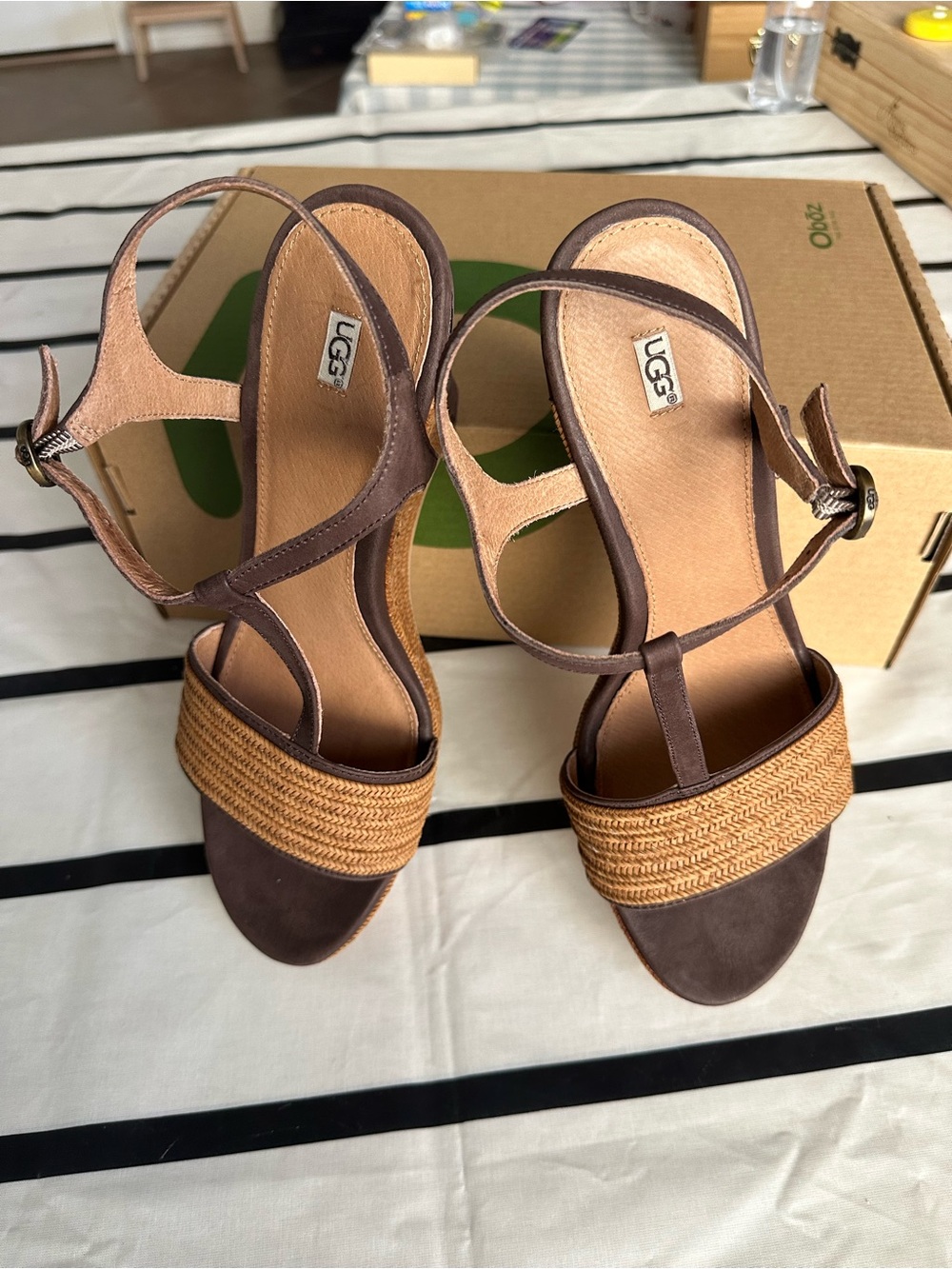 UGG “Fitchie” Brown Braided Slingback Sandals with 5” Wedge Heel